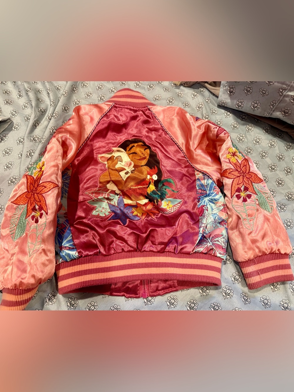 Disney Moana Girls 2T Floral Satin Bomber Jacket – Colorful Embroidered